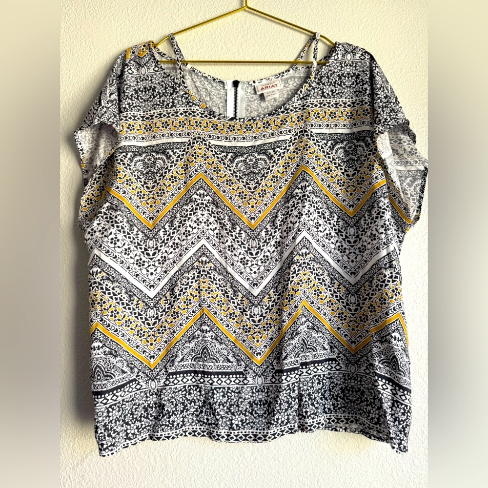 NWT! ARIAT Janice Western Top Boho Short Sleeve Blouse Sz: XL Back Zip Hippie